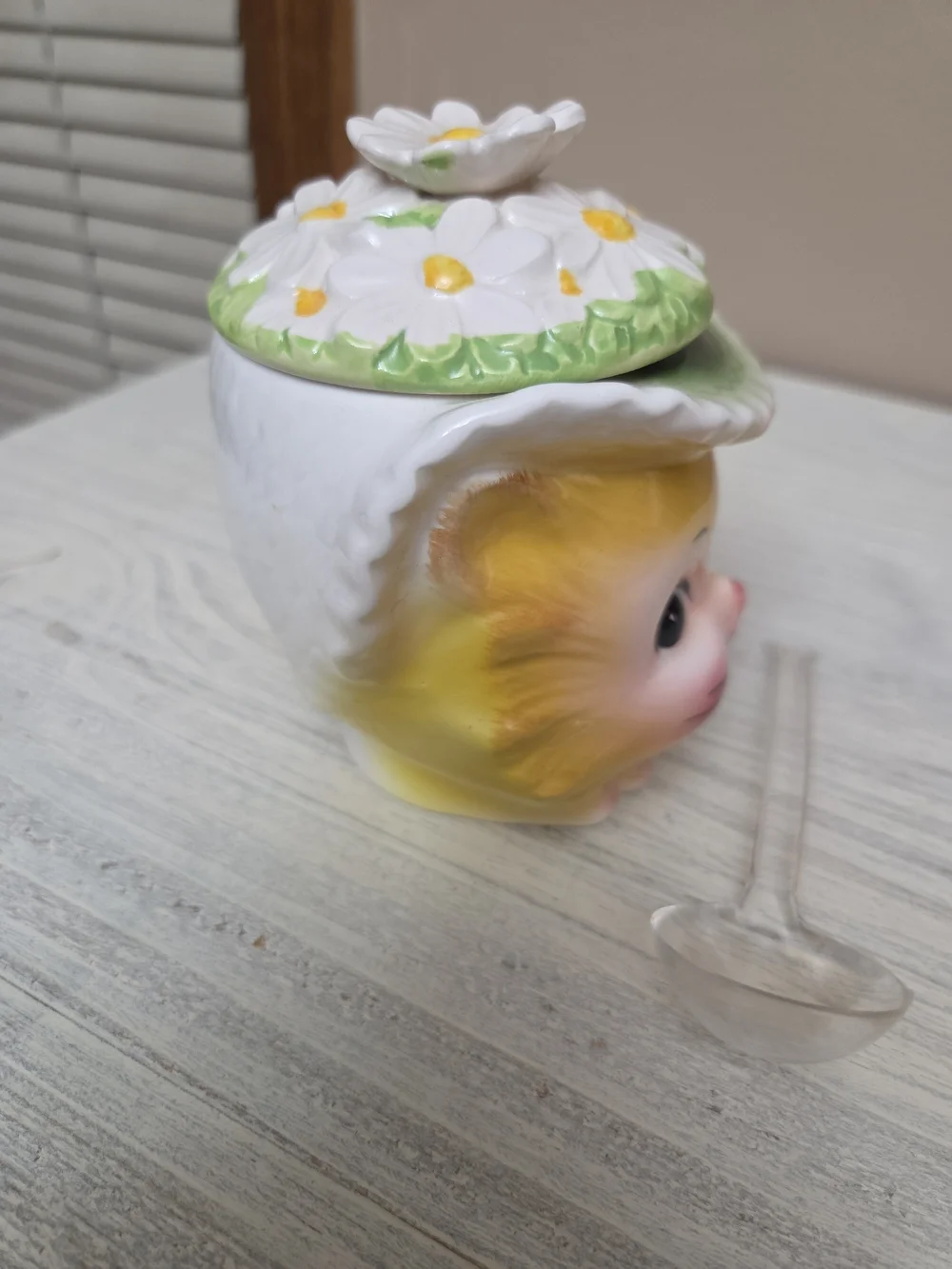 Vintage Enesco  Winking Kitty Jam Jar with Daisy Lid - Yellow & Pink